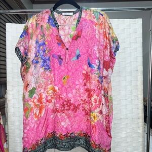 Johnny Was Pink Floral Butterfly boho tunic top Blouse (L)